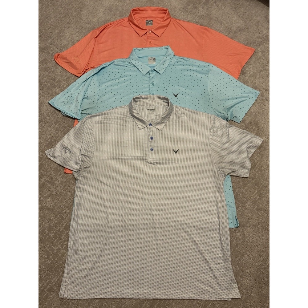 3 Callaway Golf Shirts Mens XXL Embroidered All Over Print Performance EUC